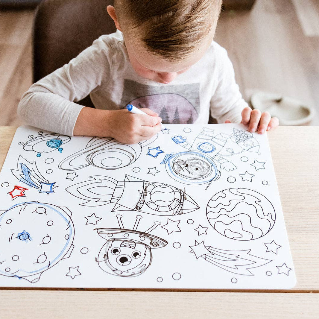 Space Reusable Silicone Coloring Placemat w Markers