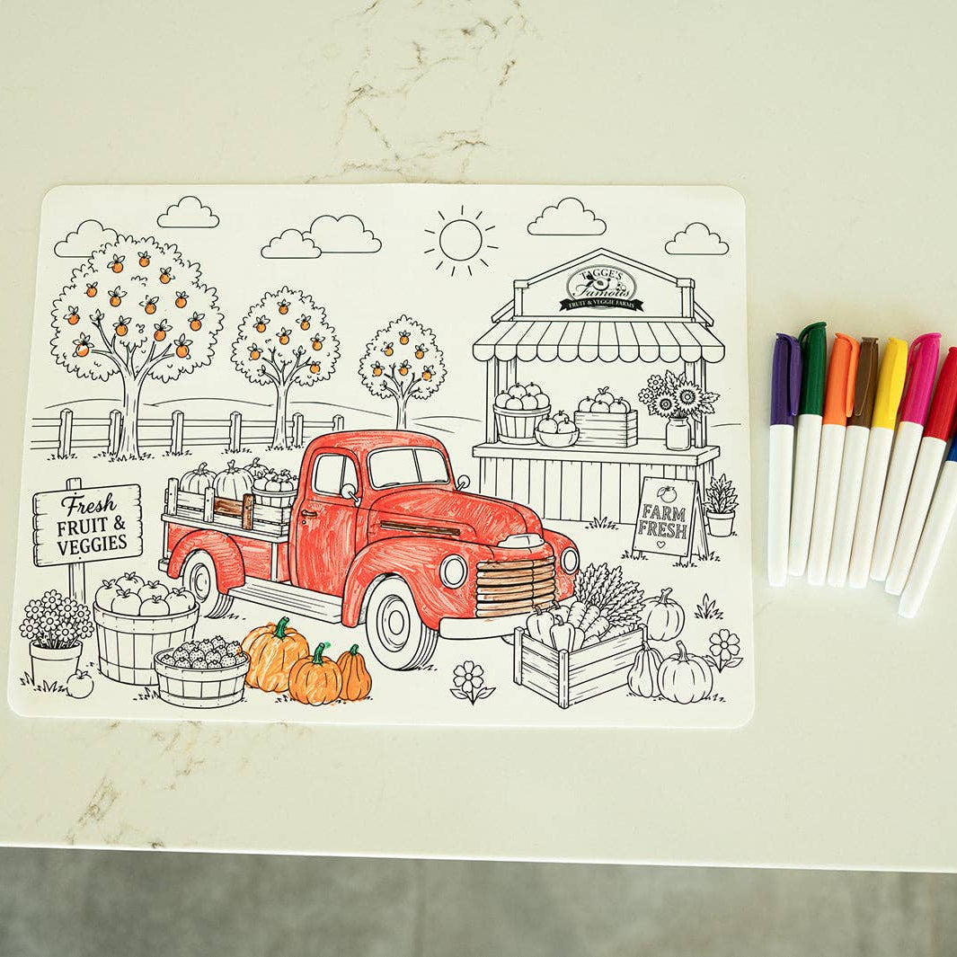 Farm Fresh Reusable Silicone Coloring Placemat w Markers