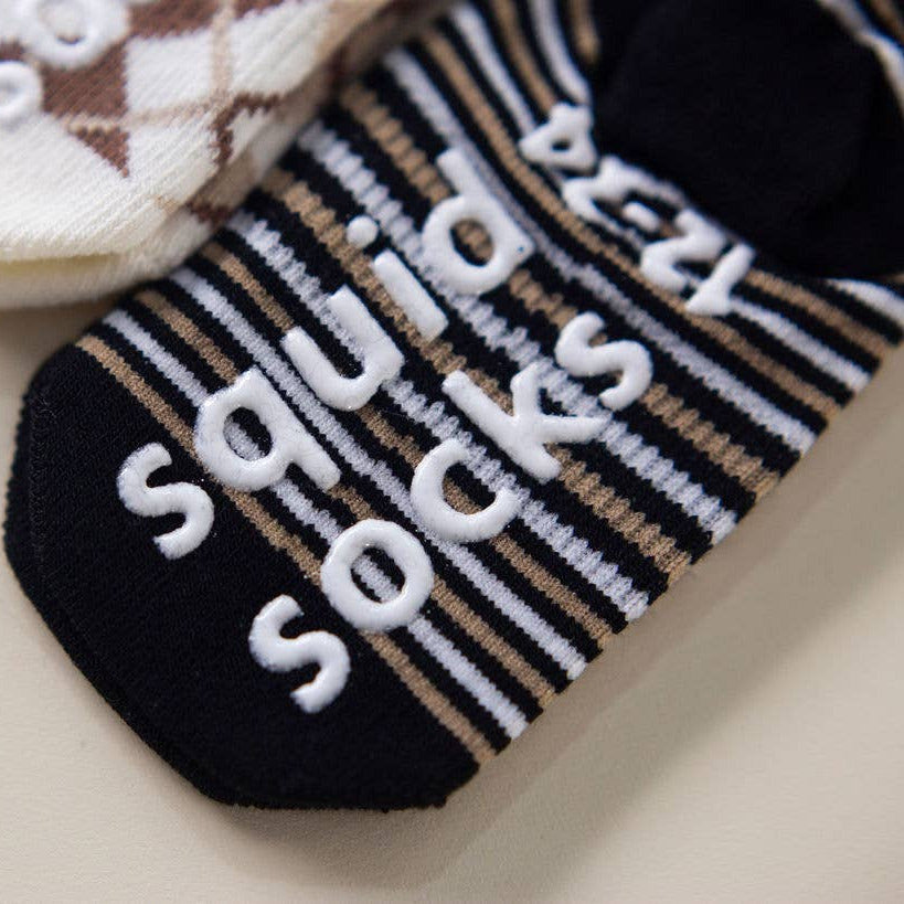 squid socks - Chesney - Non-Slip Baby Socks Brown Argyle, Green Stripes - Baby Dill