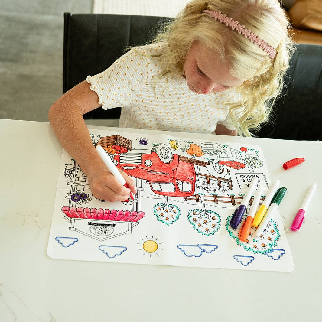 Farm Fresh Reusable Silicone Coloring Placemat w Markers