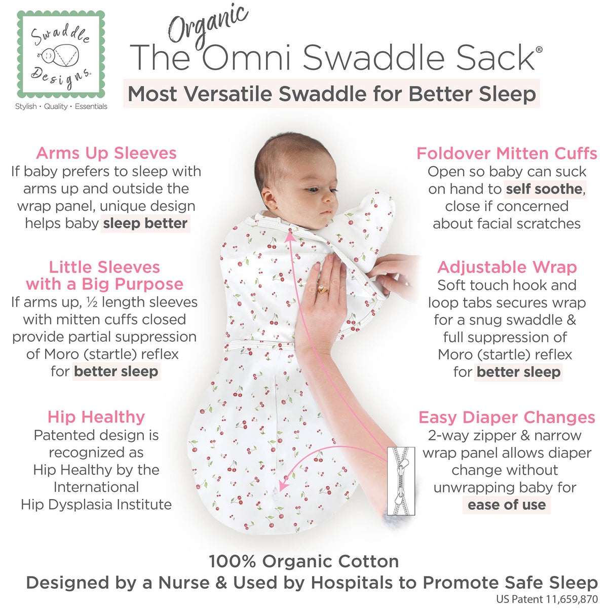 SwaddleDesigns - Organic Omni Swaddle Sack, Watercolor Little Cherries