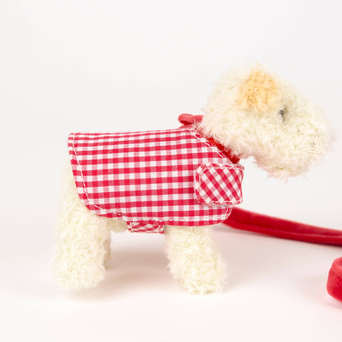 Plush Jack Russell Terrier Dog with Leash and Coat in a Basket
