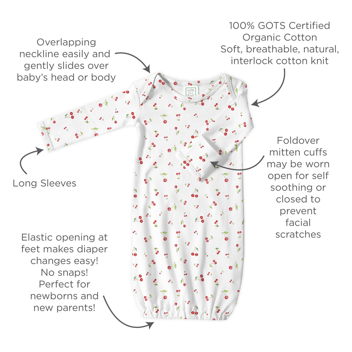 SwaddleDesigns - Organic Cotton Knit Pajama Gown - Watercolor Little Cherries