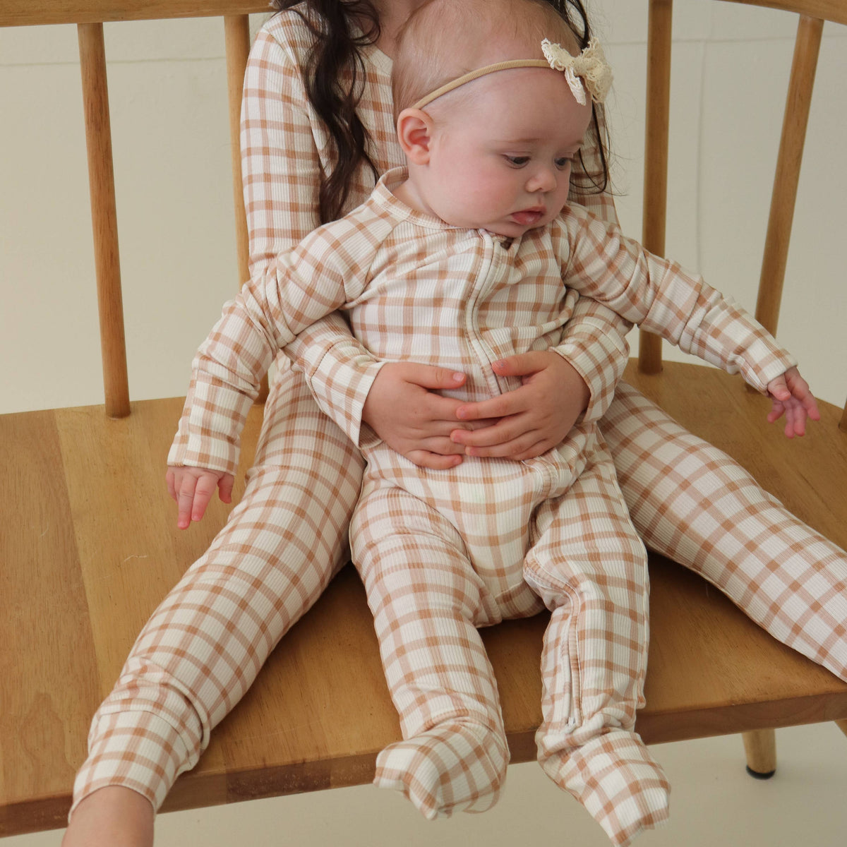 Honeycomb Goods - Caramel Gingham Zip Pajamas - Baby Dill