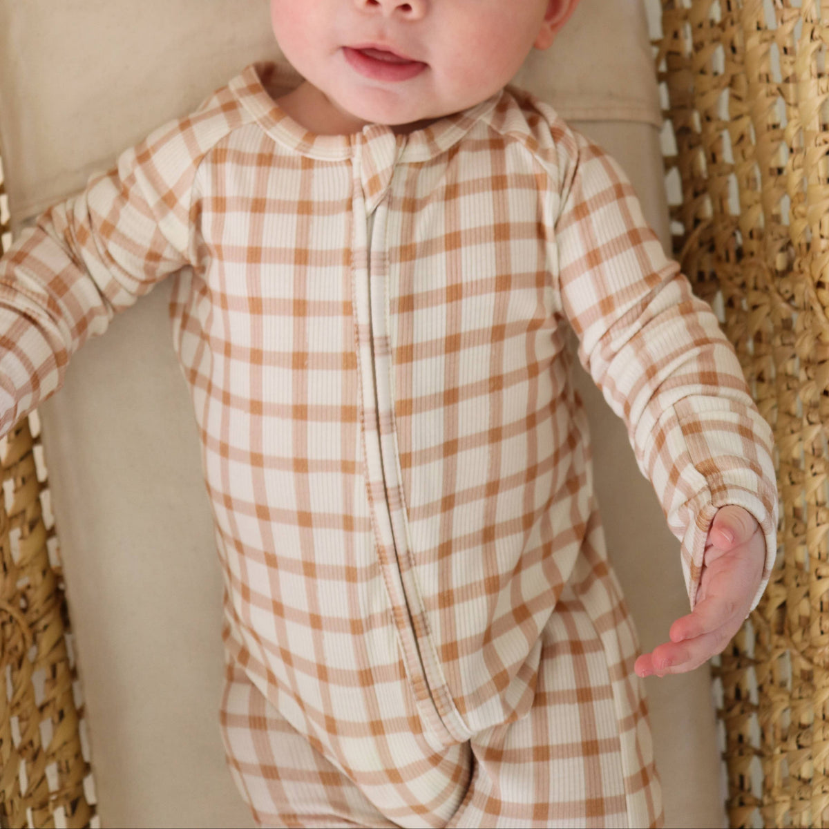 Honeycomb Goods - Caramel Gingham Zip Pajamas - Baby Dill