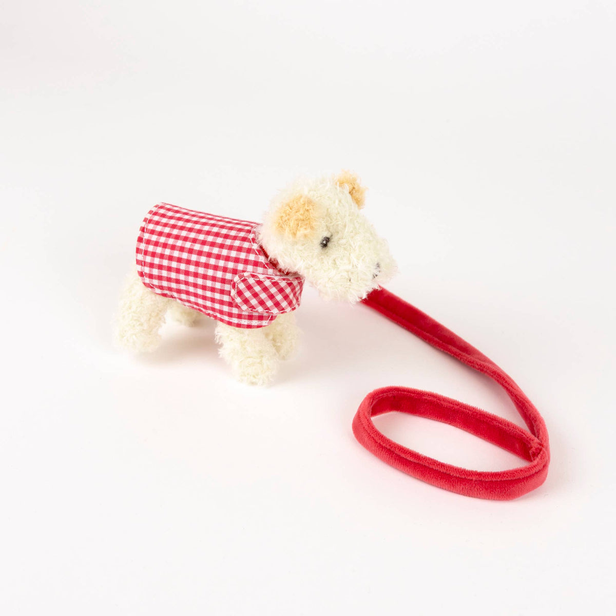 Plush Jack Russell Terrier Dog with Leash and Coat in a Basket