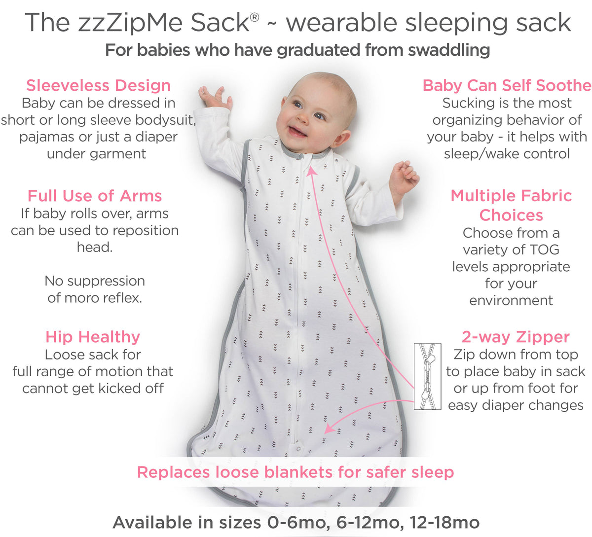 SwaddleDesigns - Muslin zzZipMe Sack, 2-Way Zip, Posies, Pastel Pink