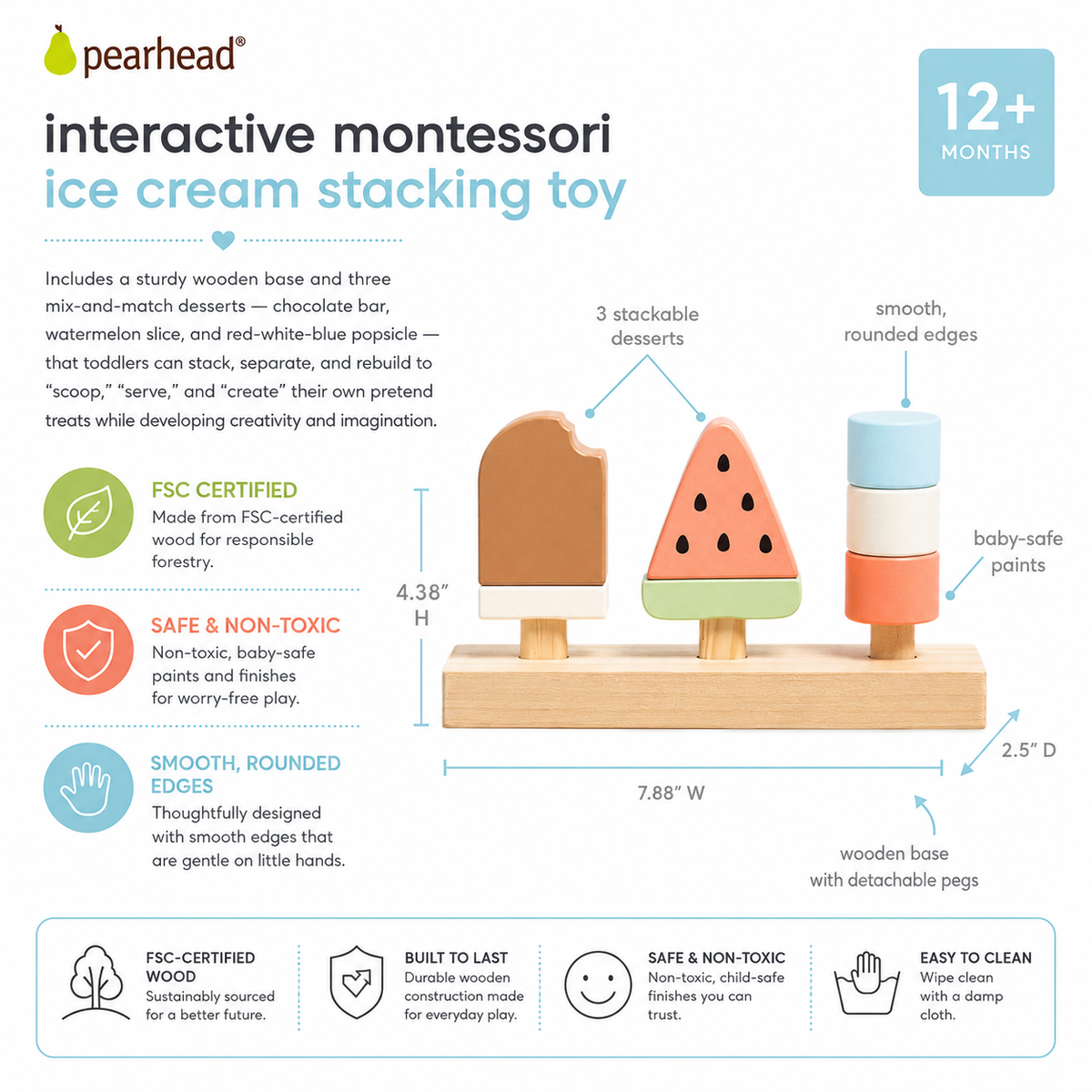 Pearhead - Wooden Ice Cream Stacking Toy, Toddler Montessori Play Food - Baby Dill