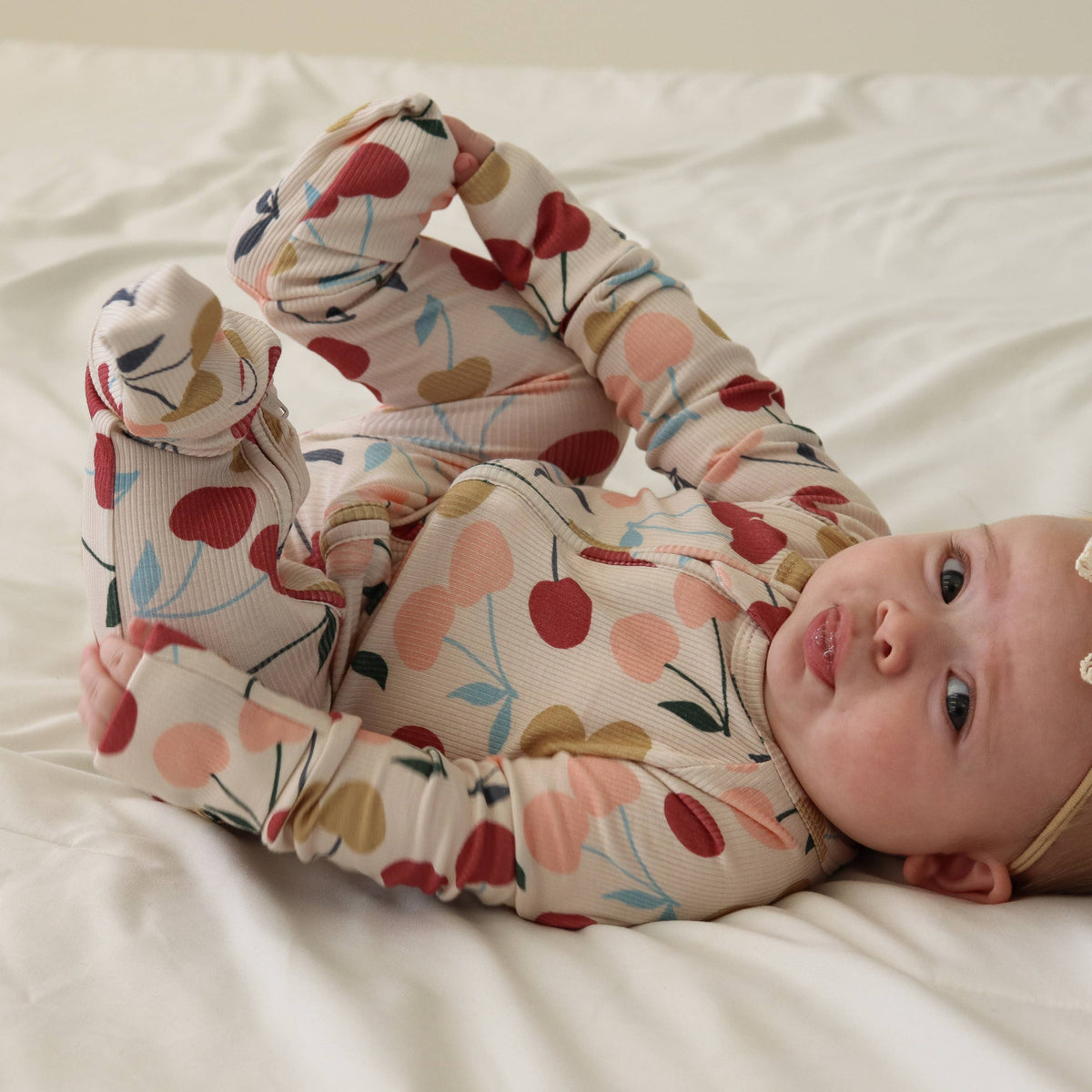 Honeycomb Goods - Sweet Cherries Zip Pajamas - Baby Dill
