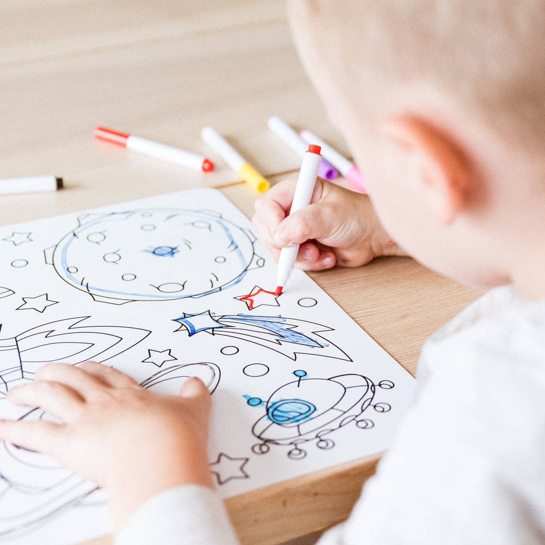 Space Reusable Silicone Coloring Placemat w Markers