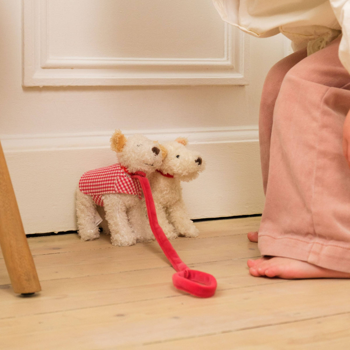 Plush Jack Russell Terrier Dog with Leash and Coat in a Basket