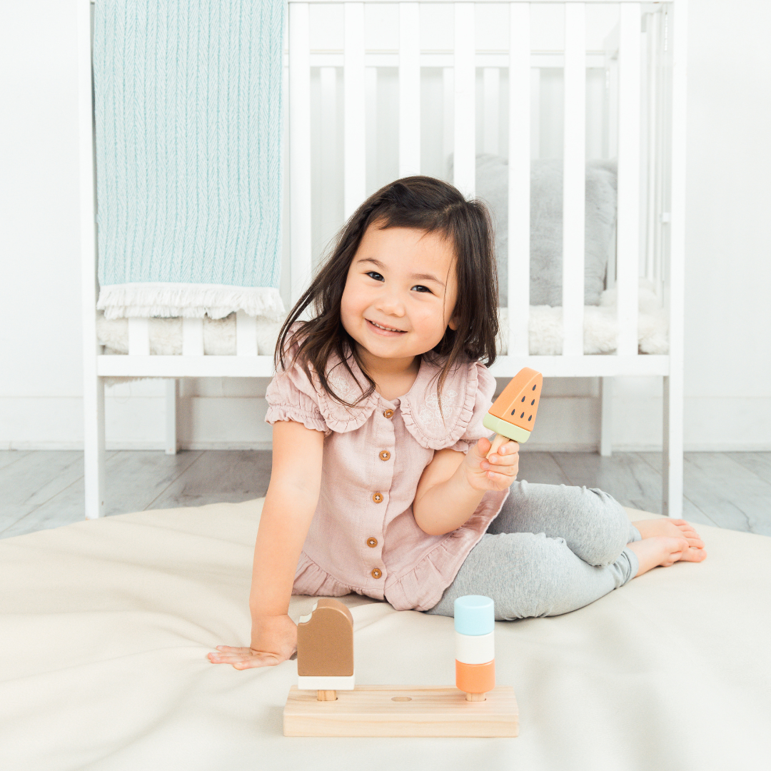 Pearhead - Wooden Ice Cream Stacking Toy, Toddler Montessori Play Food - Baby Dill
