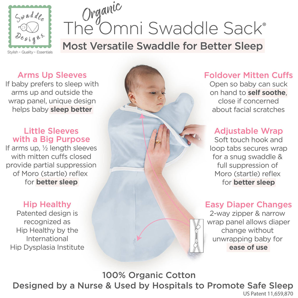 SwaddleDesigns - Organic Omni Swaddle Sack, Soft Blue