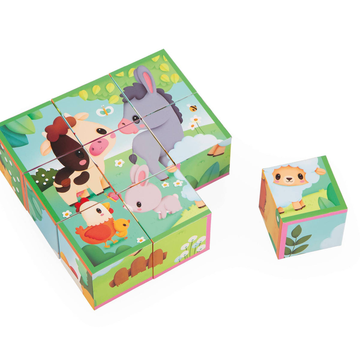 Janod - Farm | Cardboard Block Puzzle | 9 Cubes & 6 Scenes - Baby Dill