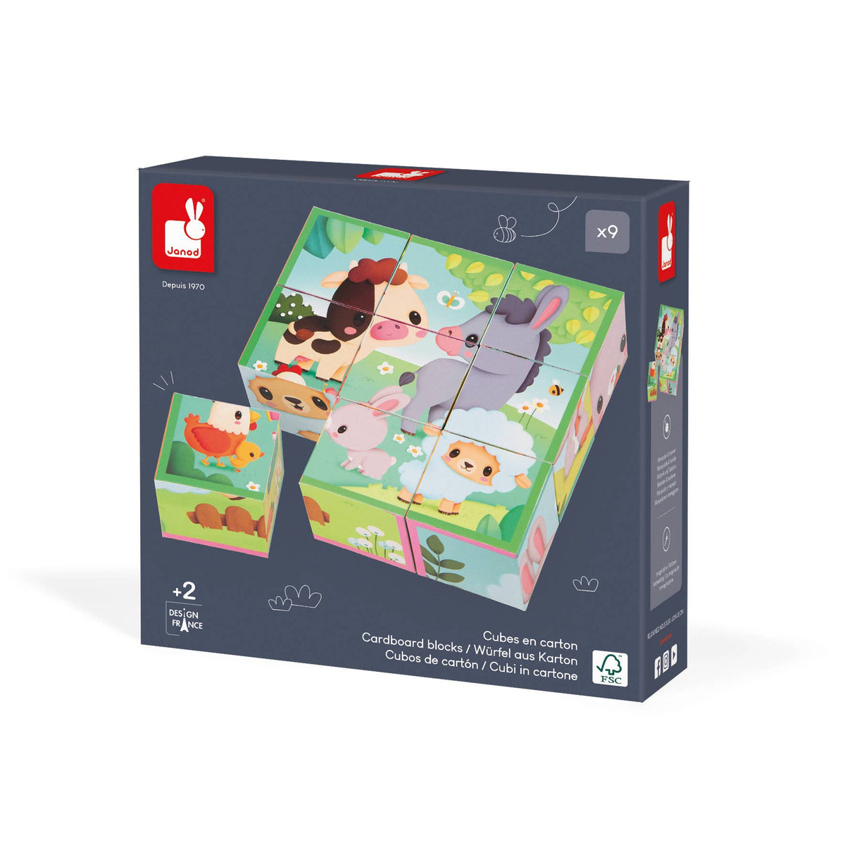 Janod - Farm | Cardboard Block Puzzle | 9 Cubes & 6 Scenes - Baby Dill