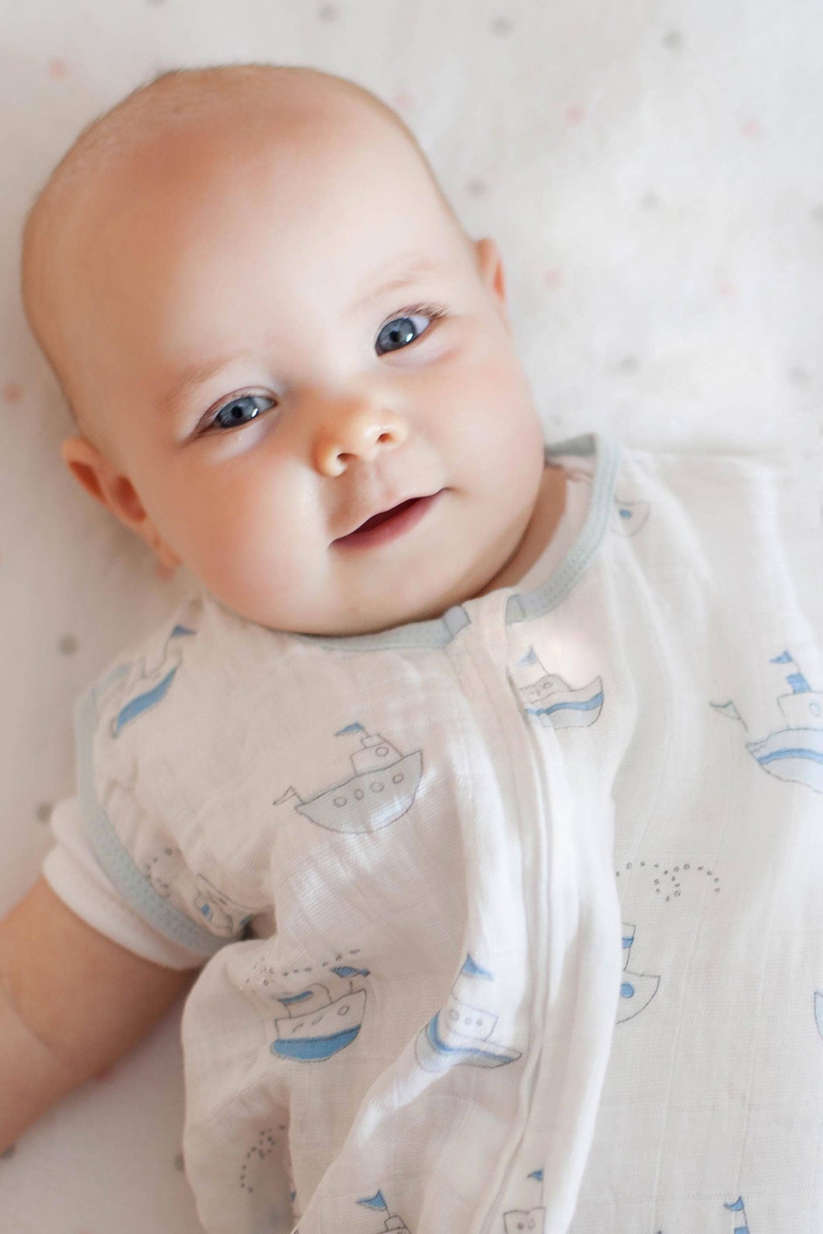 SwaddleDesigns - Muslin zzZipMe Sack, 2-Way Zip, Little Ships, Pastel Blue