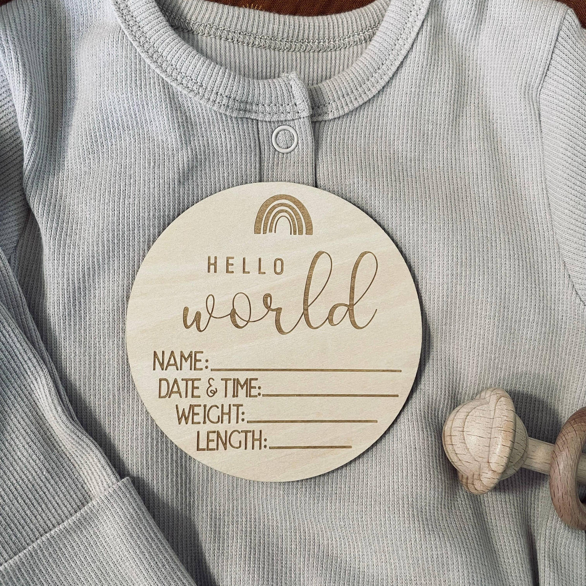 Hello World Boho Rainbow Birth Stats Announcement Sign