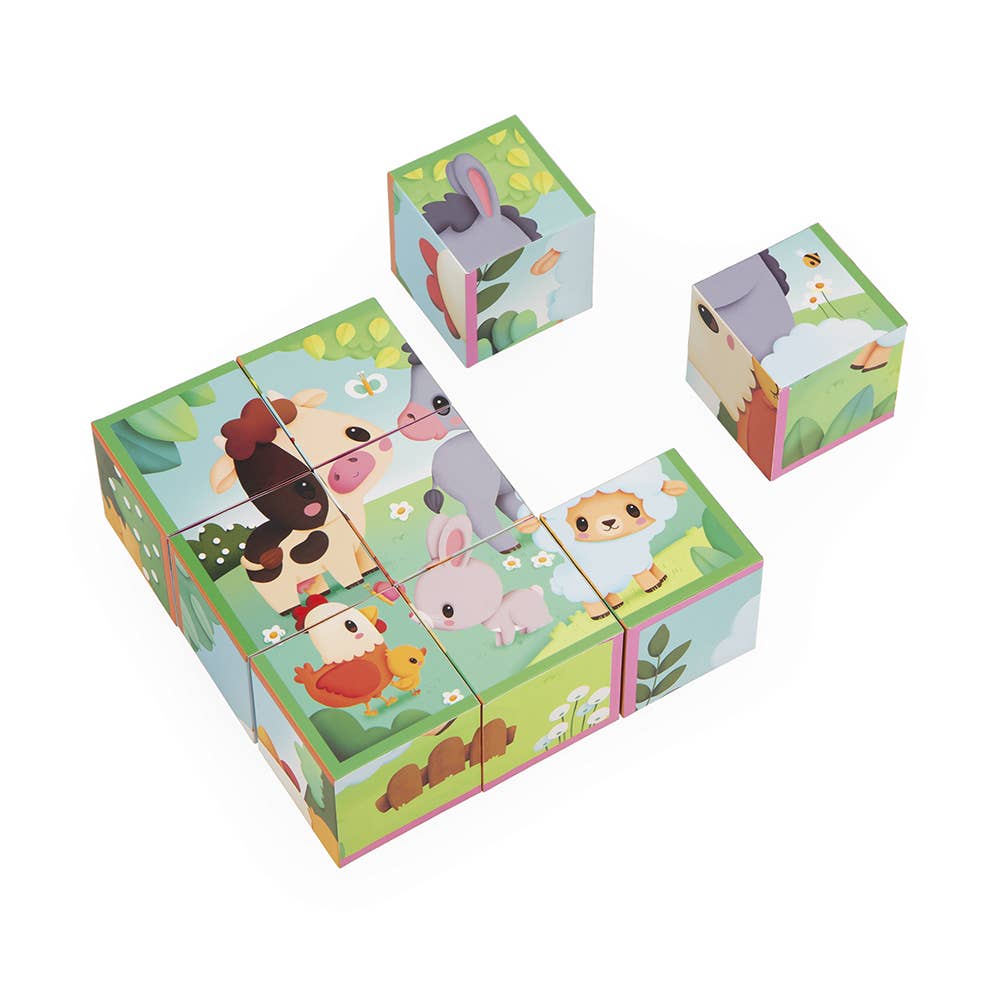 Janod - Farm | Cardboard Block Puzzle | 9 Cubes & 6 Scenes - Baby Dill