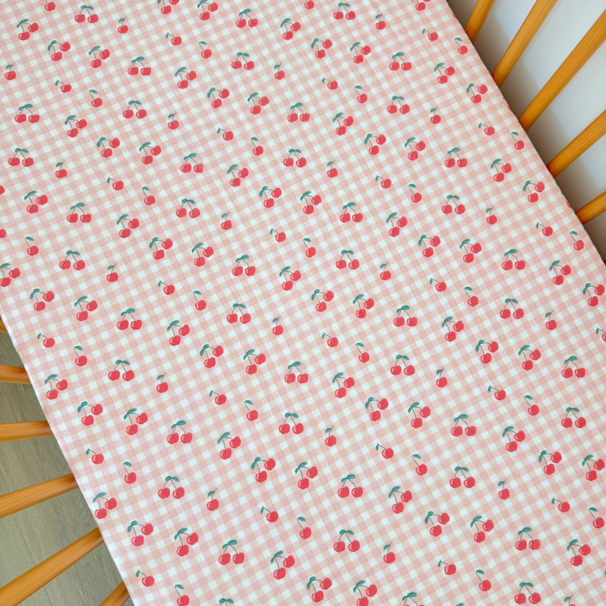 SIIX Collection - Gingham Cherries / Muslin Crib Sheet - Baby Dill