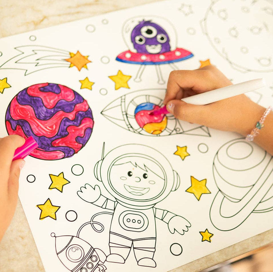 Space Reusable Silicone Coloring Placemat w Markers