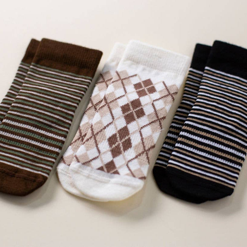 squid socks - Chesney - Non-Slip Baby Socks Brown Argyle, Green Stripes - Baby Dill