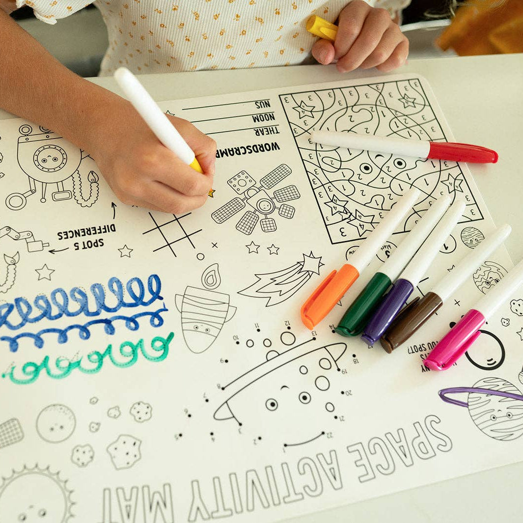 Space Reusable Silicone Coloring Placemat w Markers