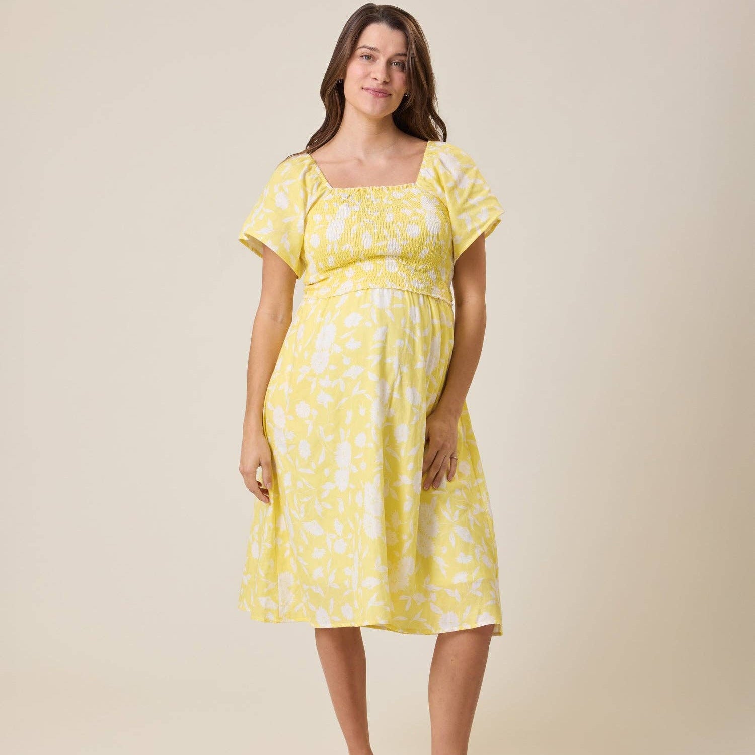 Kindred Bravely - Lola Smocked Maternity & Nursing Midi Dress | Yellow Floral - Baby Dill