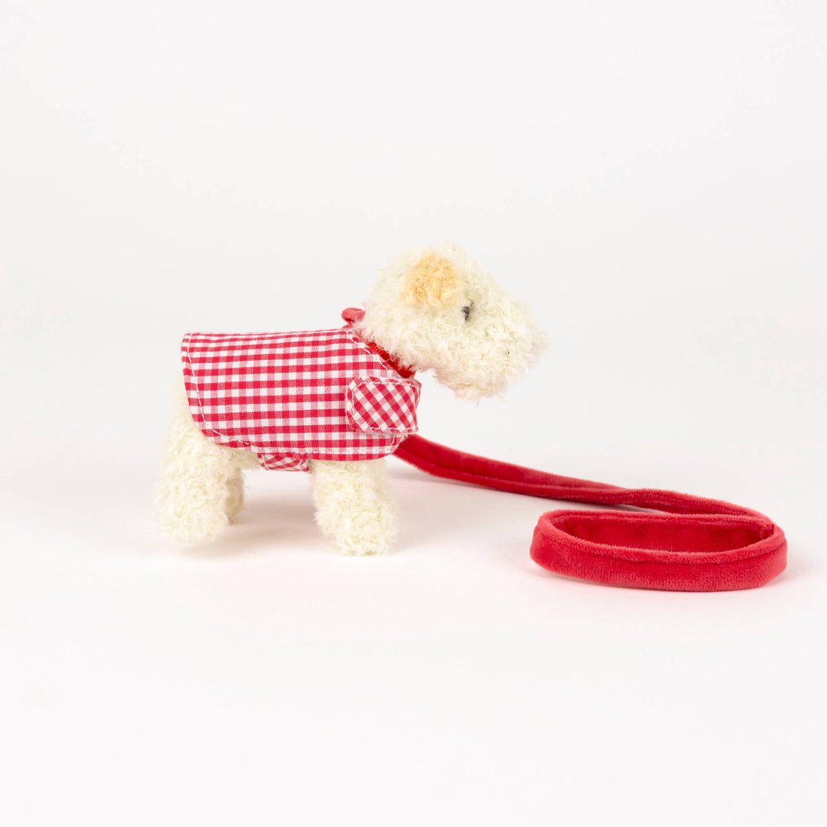 Plush Jack Russell Terrier Dog with Leash and Coat in a Basket