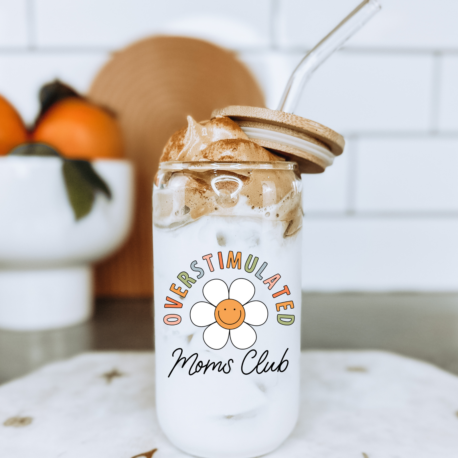 Boho + Babe - Overstimulated Moms Club 16 oz Glass Cup with Bamboo Lid - Baby Dill