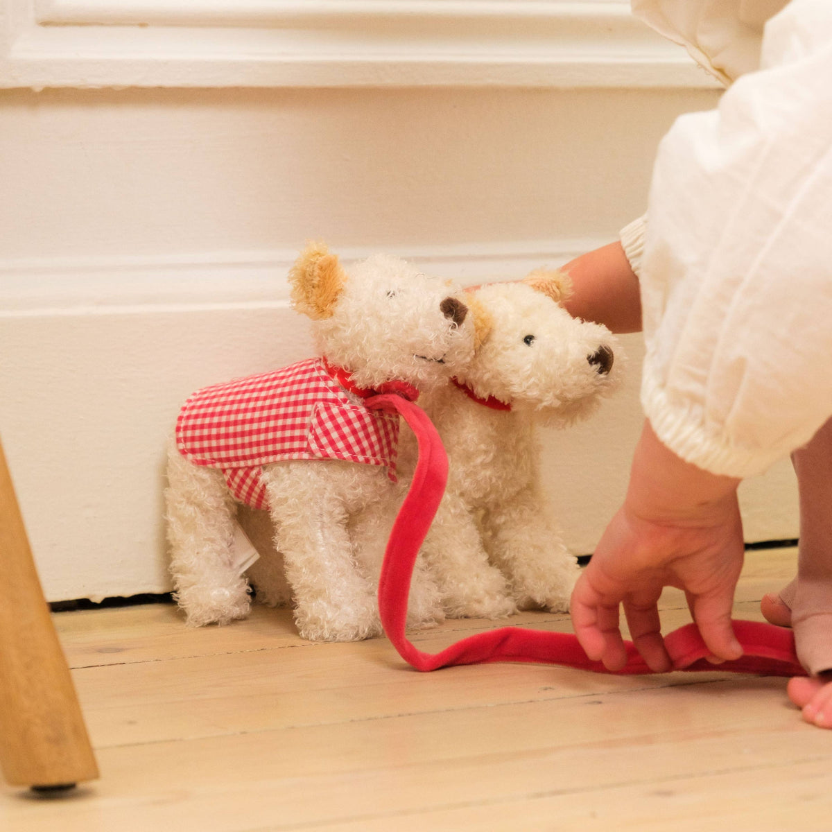 Plush Jack Russell Terrier Dog with Leash and Coat in a Basket