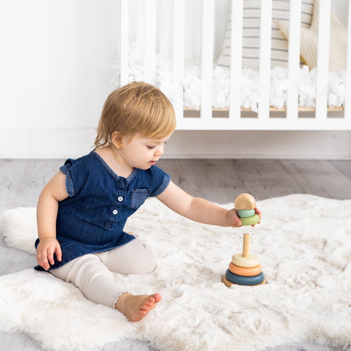 Pearhead - Wooden Stacking Rainbow Tower Baby Toy, Nursery Decor - Baby Dill