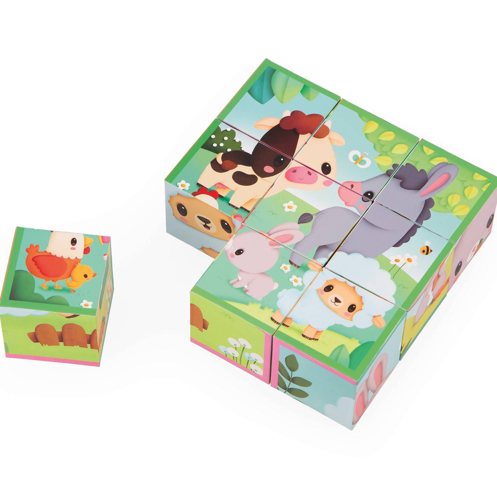 Janod - Farm | Cardboard Block Puzzle | 9 Cubes & 6 Scenes - Baby Dill